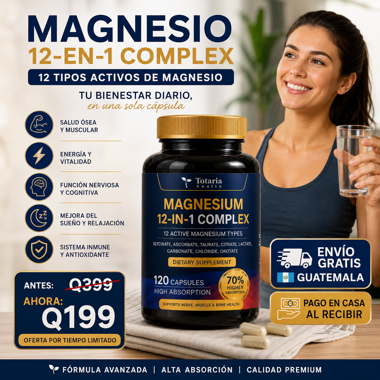Magnesio 12 en 1 Complex® | 120 Cápsulas de Alta Absorción para Aliviar Estrés, Fatiga y Dolores Musculares