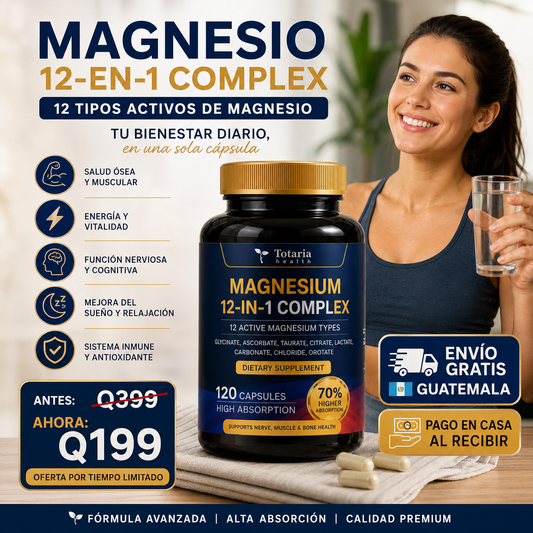Magnesio 12 en 1 Complex® | 120 Cápsulas de Alta Absorción para Aliviar Estrés, Fatiga y Dolores Musculares